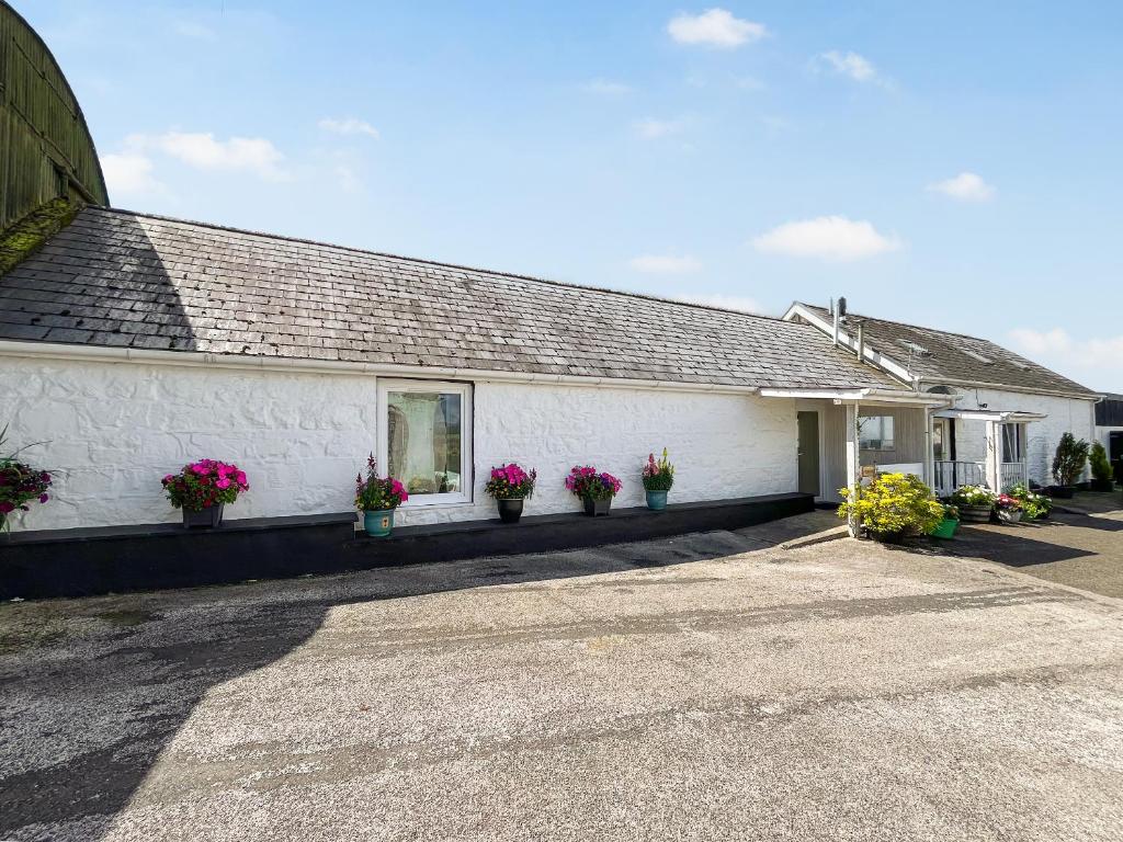 a white building with potted plants on it at Uk47549 - Carty Cottage in Newton Stewart