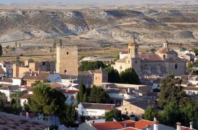 a small town with buildings and trees and a mountain at Casas Cueva el Mirador de Orce in Orce