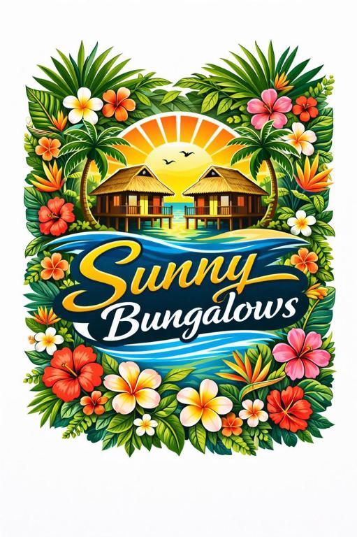 a sign for a resort on the beach with flowers at Sunny Bungalow in Koh Rong Sanloem