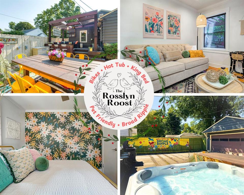a collage of pictures of a house at Broad Ripple Getaway, Hot Tub, King Bed, Walk to Shops, Bike the Monon in Indianapolis