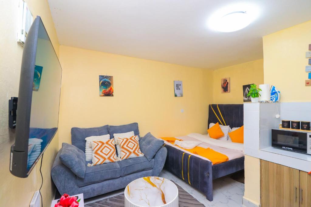 a living room with a couch and a couch and a tv at A&M Luxury bnbs in Nairobi