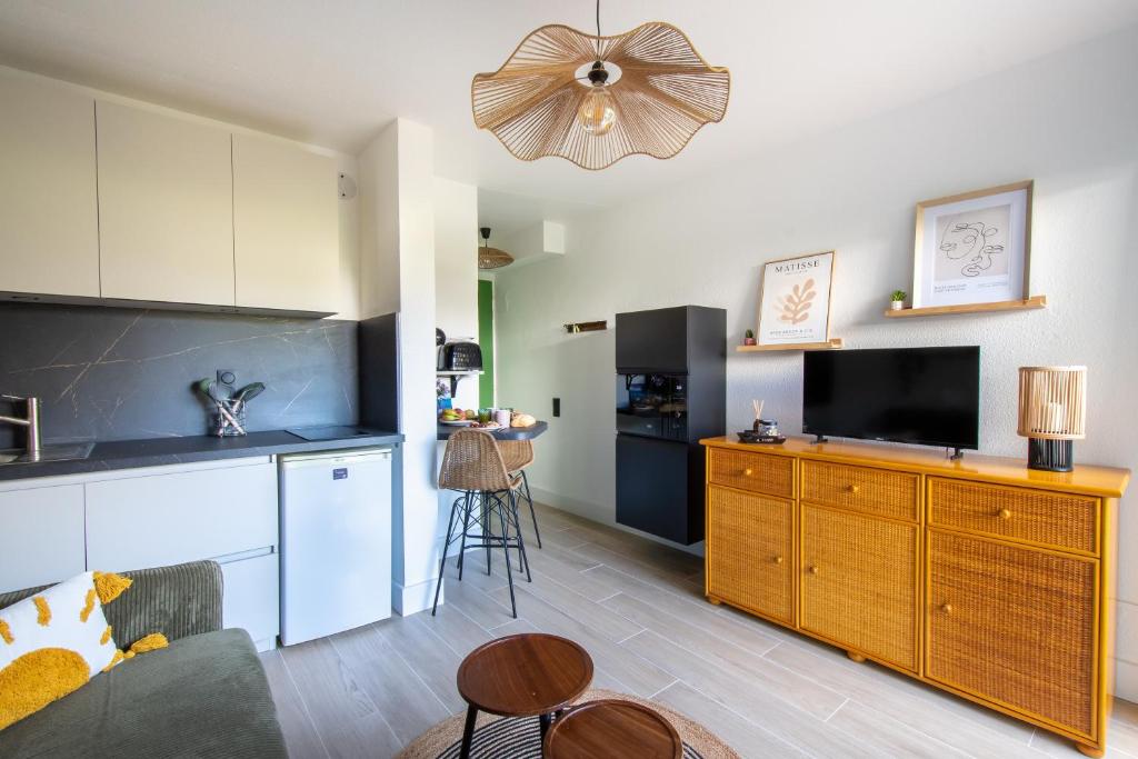 a kitchen and living room with a couch and a tv at Jardin du Golf wifi Clim in La Grande Motte
