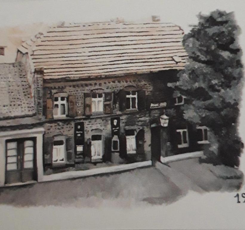 a drawing of an old house with a tree at Restaurant Zur Linde in Bergheim