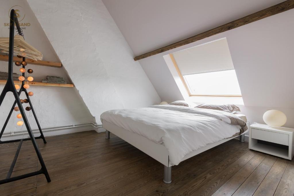 Schlafzimmer mit einem Bett und einem Fenster in der Unterkunft Sky & Sand - Free parking - Free bikes - EVcharging in Brügge
