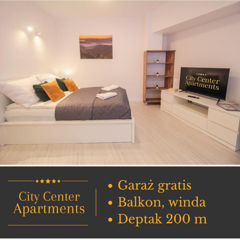 a bedroom with a bed and a dresser and a tv at Apartament City Center Classic 2 in Krynica Zdrój
