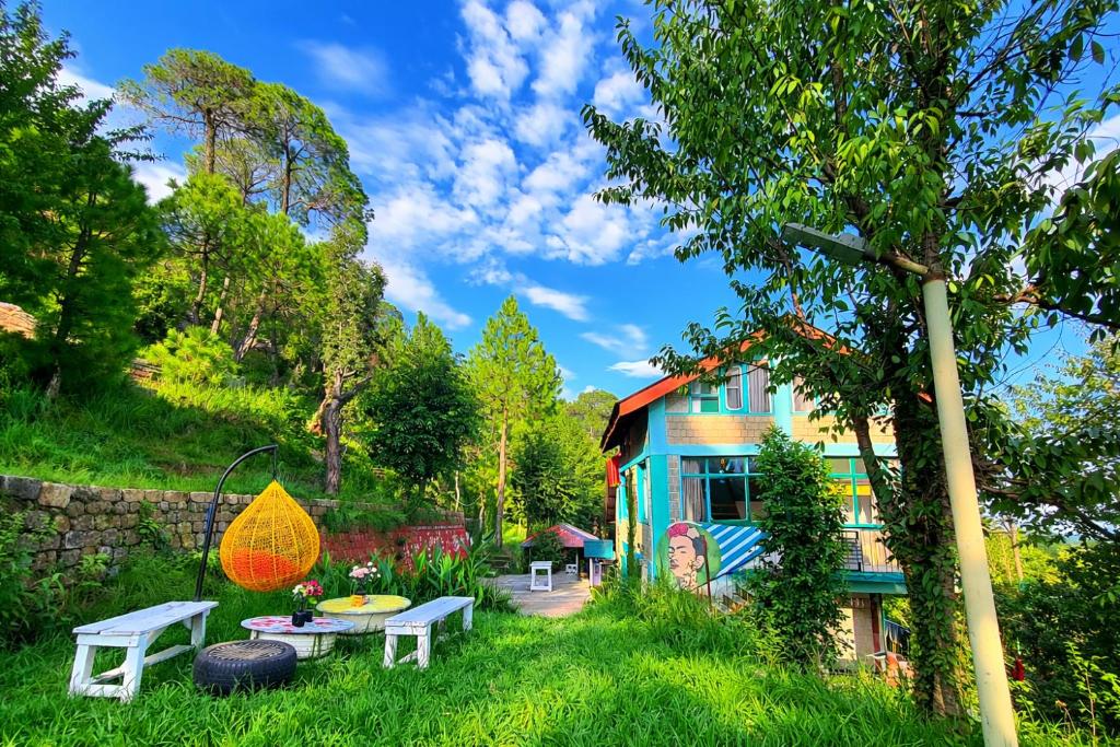 a house with a picnic table in the yard at Vibe Hostel Naddi - Near Dal Lake in Dharamshala