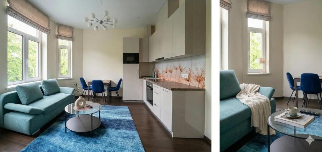 a kitchen and a living room with a couch and a table at Kęstučio 66 apartamentai in Kaunas