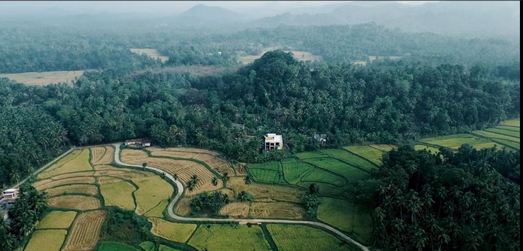 an aerial view of a field with a house and trees at The Paddy Breeze Villa in Marukwatura