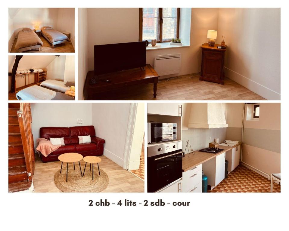 two pictures of a kitchen and a living room at Levroux - maison 4-6 pers - cour privee in Levroux