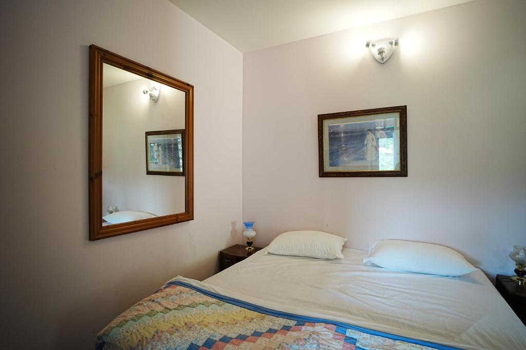 a bedroom with a bed and a mirror on the wall at casa do campinho in Fundoais