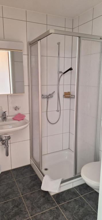 a bathroom with a shower and a sink at Gasthof Moosmatt in Egolzwil