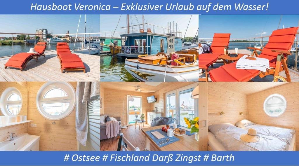 a collage of four pictures of a boat at Hausboot Sunshine Heiligenhafen in Viehhof