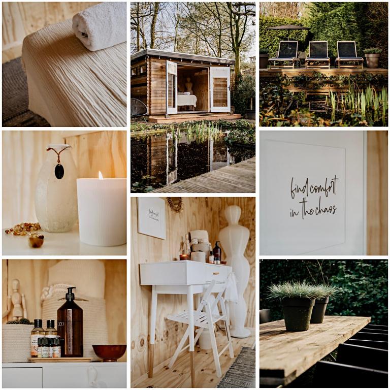 a collage of photos with different types of furniture at Prive rustplek op de Veluwe met jacuzzi in Ermelo