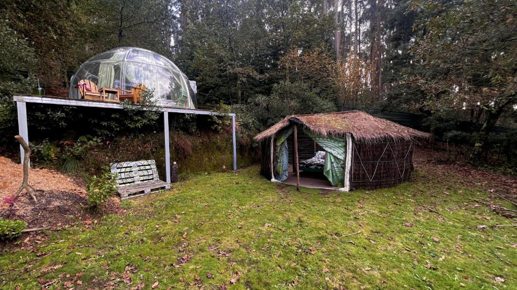 a gazebo and a greenhouse in a yard at Selfmade Yurt - NaturViana in Viana do Castelo