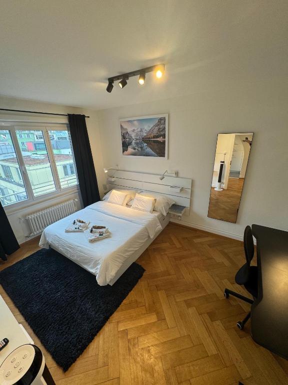 a bedroom with a large bed and a mirror at Cosy studio in Lausanne Flon in Lausanne