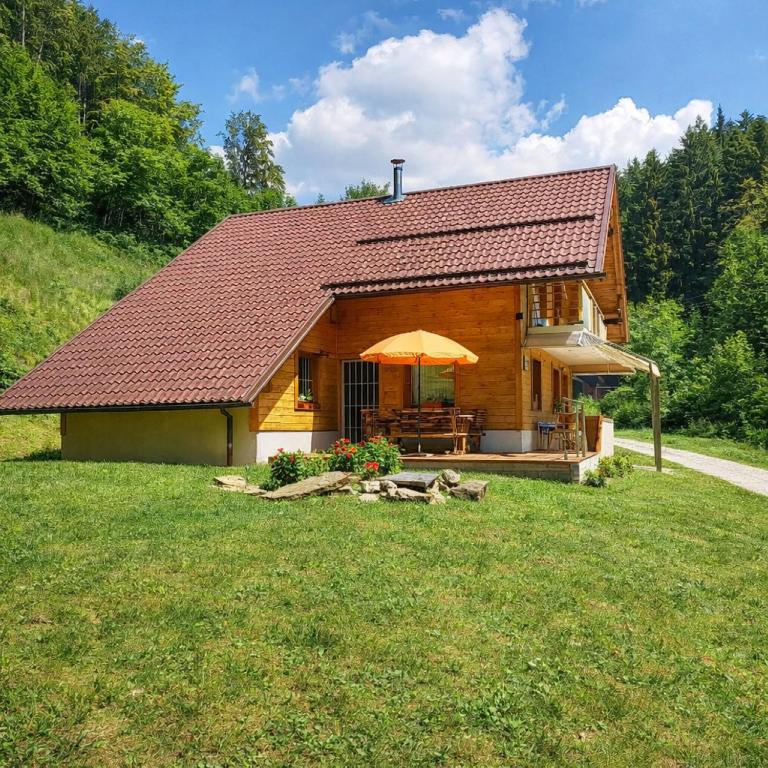 a log cabin with a red roof on a grass field at Hiša Lunna - Apartments in a Forest Paradise in Vitanje