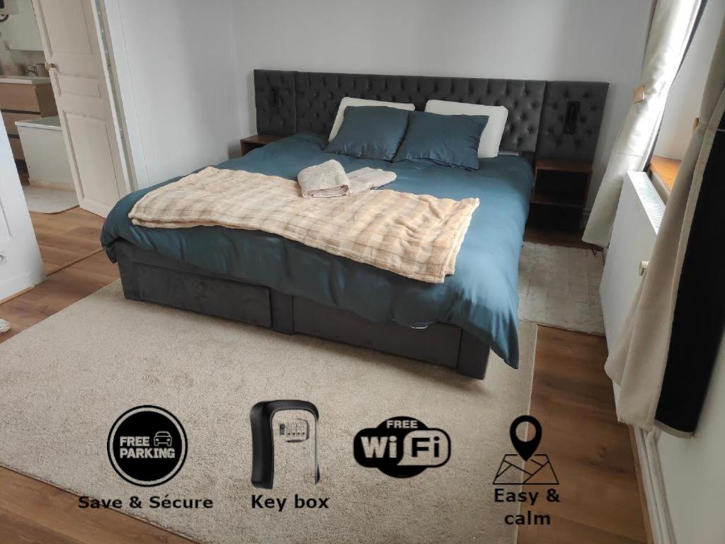 a bedroom with a bed in a room with a rug at Prestige Loft-Cinéma Privé-King Size-Parking Gratuit-5 min Aéroport Beauvais in Beauvais