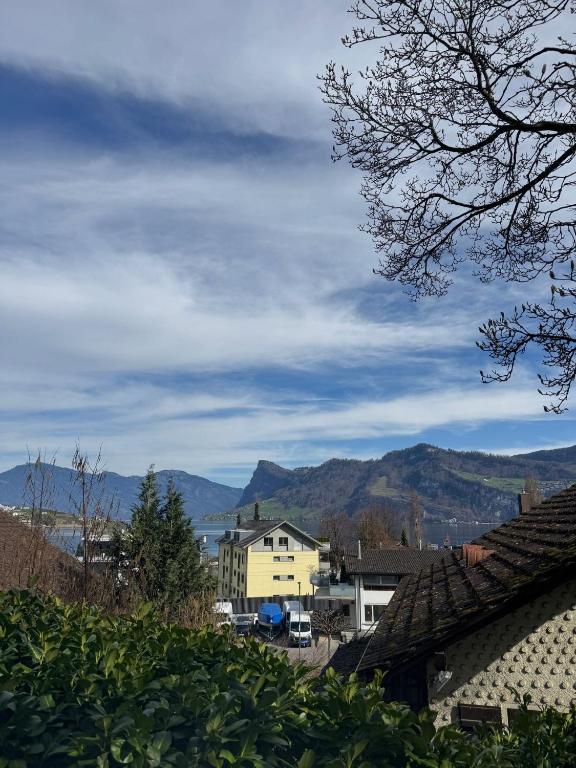 a view of a city with mountains in the background at Lake View near Lucerne in Hergiswil