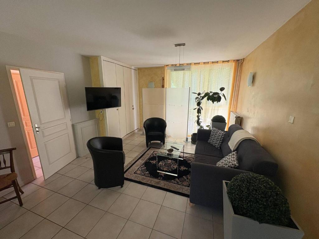 a living room with a couch and chairs at Le Petit Baron in Crémieu