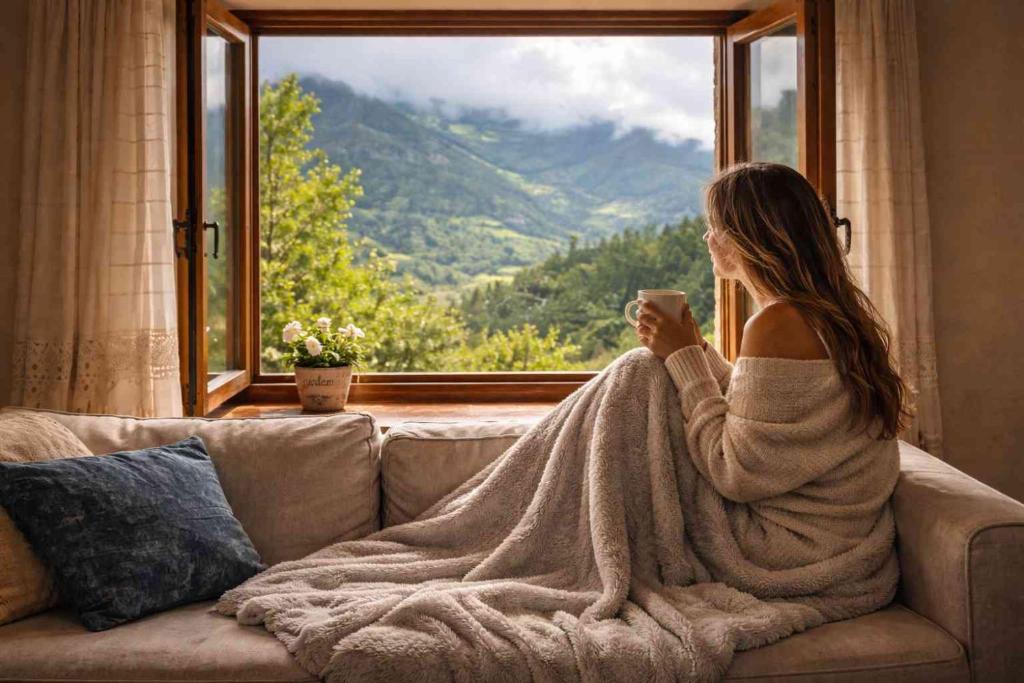 a woman sitting on a couch looking out a window at Casa Rural La Carrozal Senda del Oso in Orelleiru
