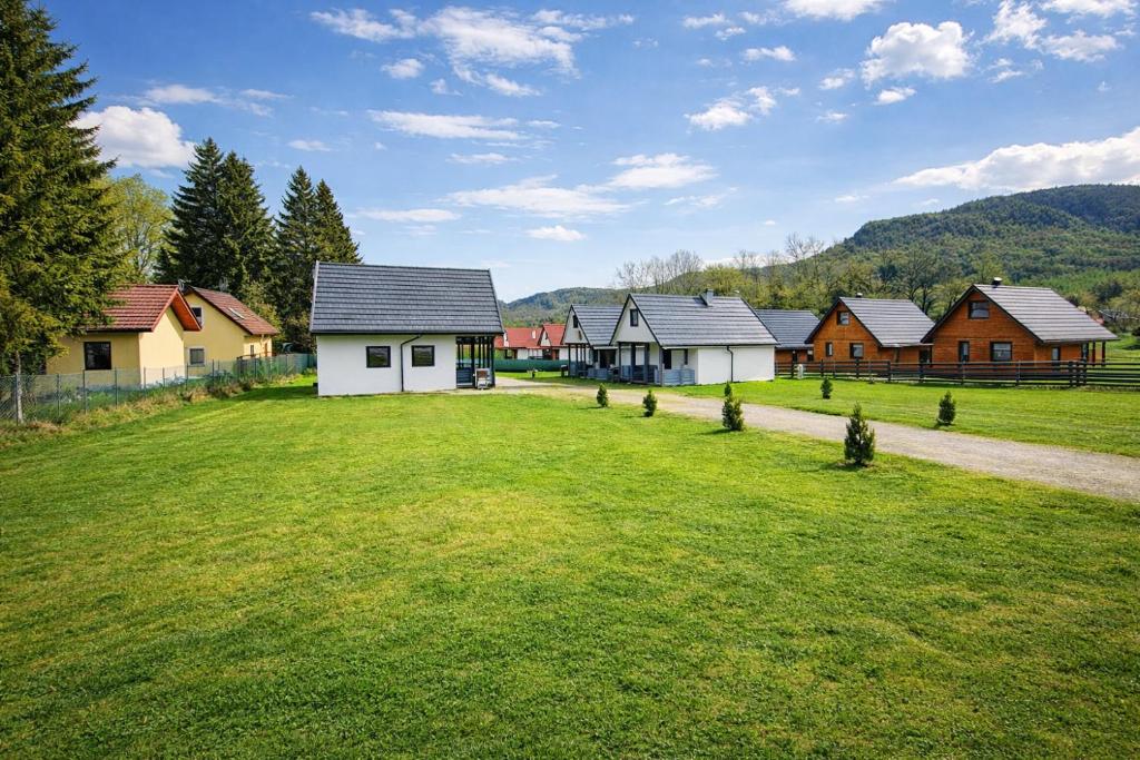 a group of houses in a field with a grass yard at SunSet Radków in Radków