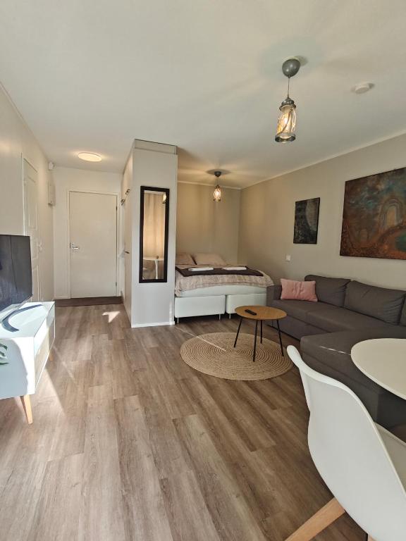 a living room with a couch and a bed at Kaupunkikoti omalla saunalla sekä lähellä juna-asemaa, 100M Wifi in Järvenpää