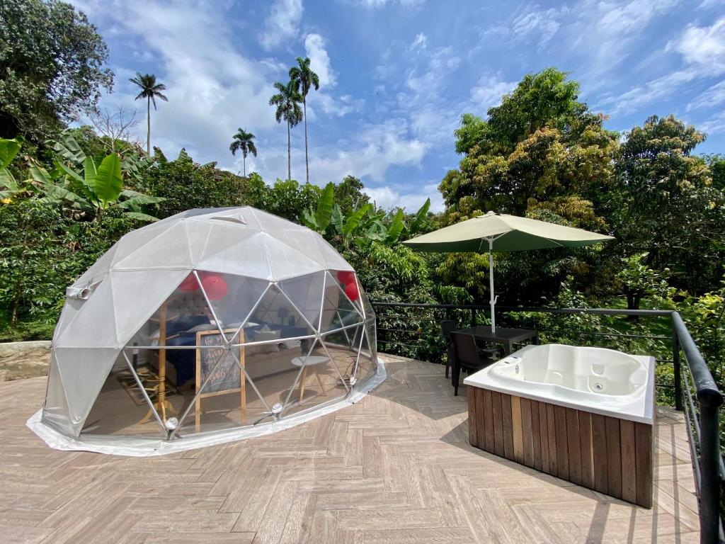 an iguana tent on a patio with a table and an umbrella at GLAMPING EL PARAÍSO in Sasaima