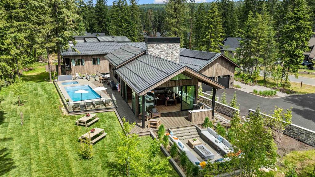an aerial view of a house with a swimming pool at Humble House in Cle Elum