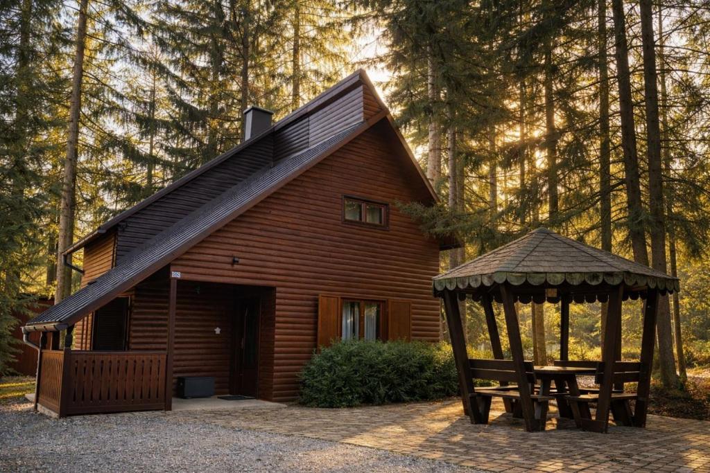 a log cabin with a gazebo in the woods at Cabana Adrienne in Izvoru Mureşului