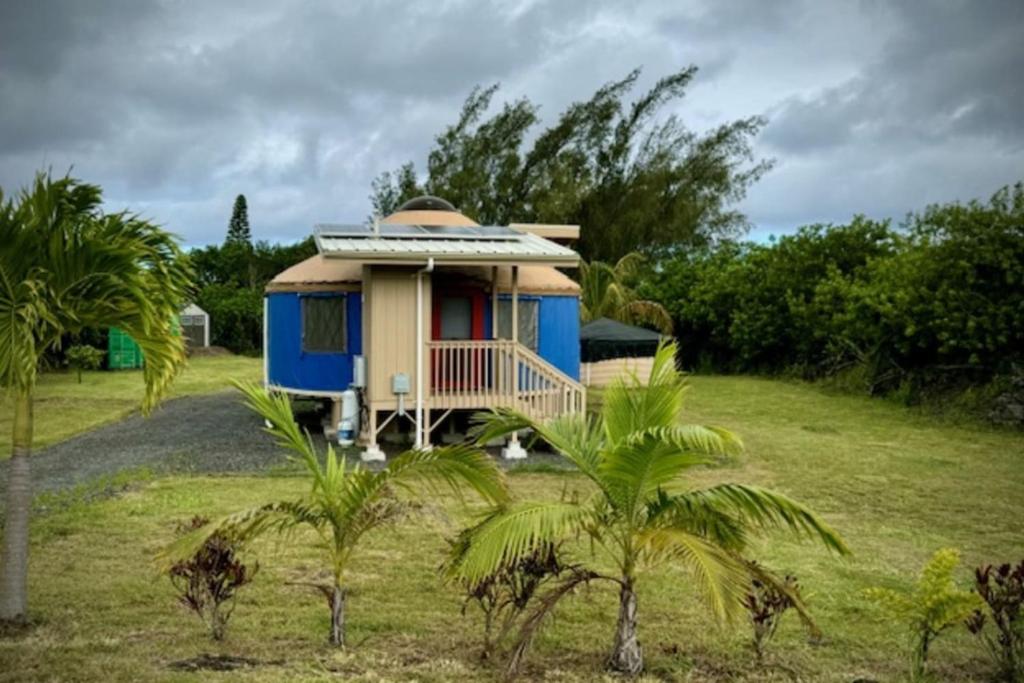 a small house on a hill with palm trees at Yurt BenTiki in Naalehu