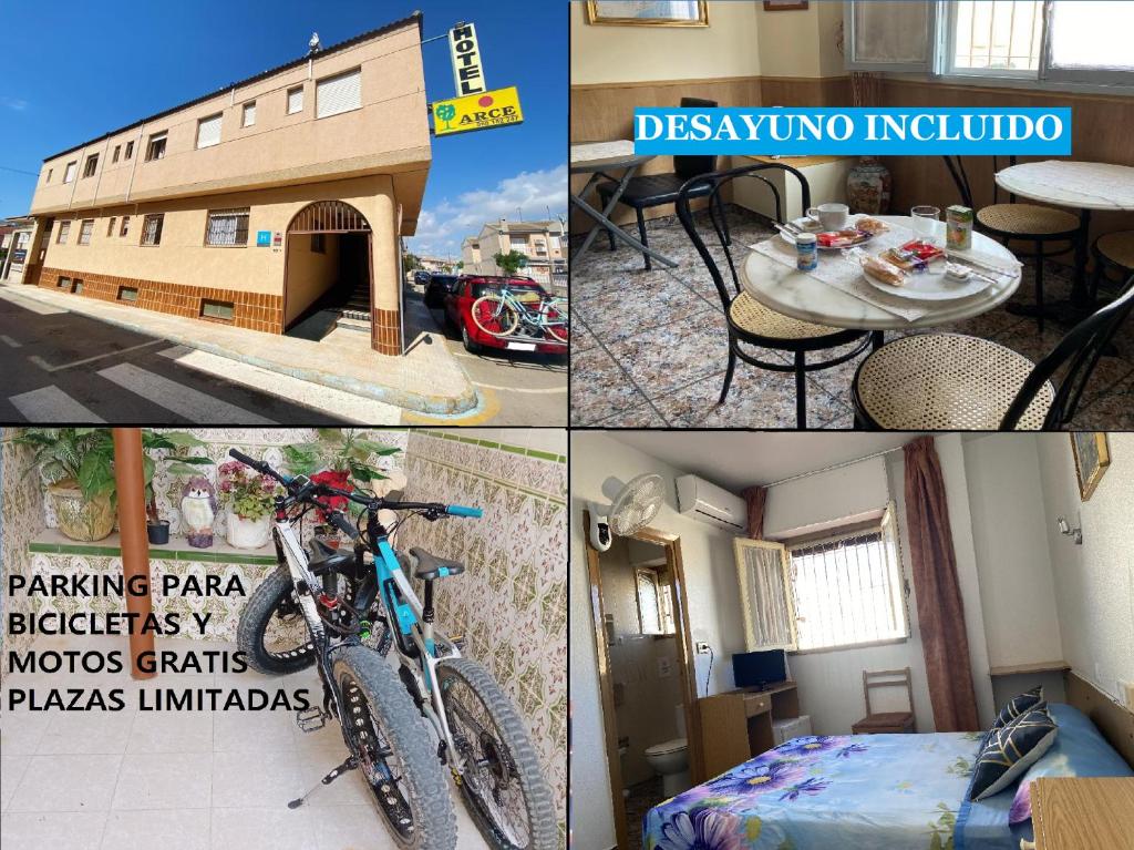 a collage of photos with a bike and a building at Hotel Arce in San Pedro del Pinatar