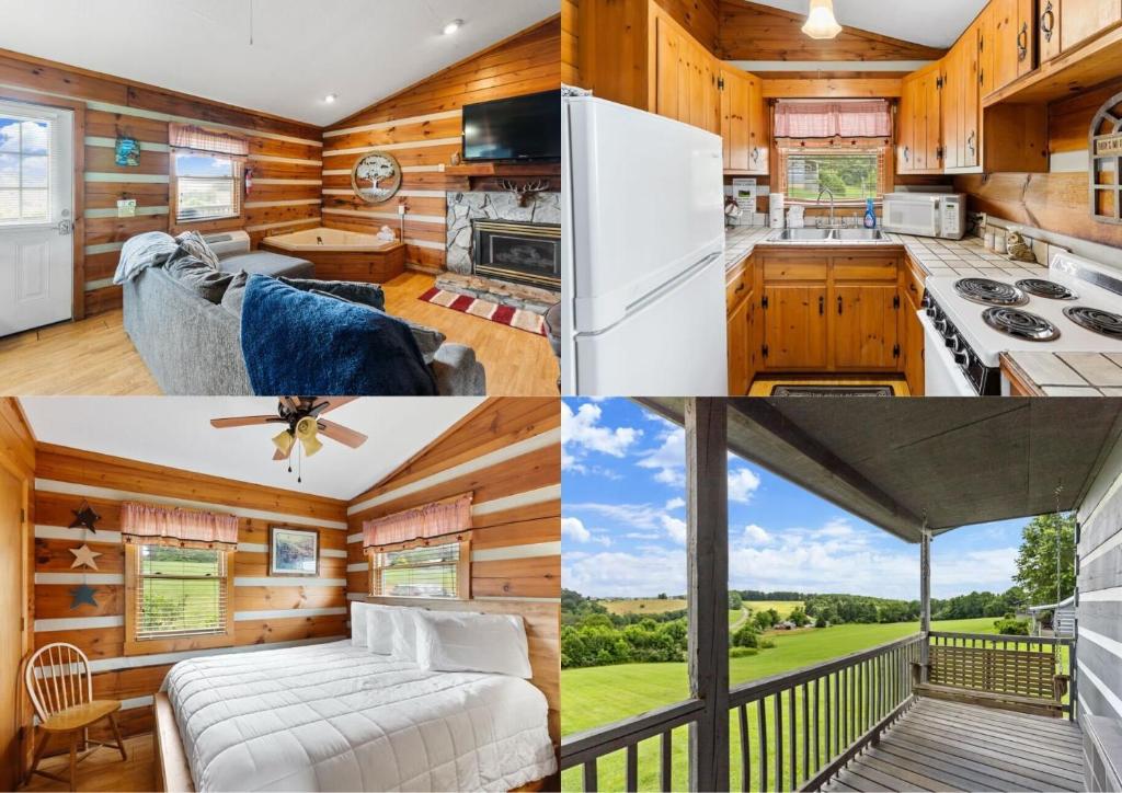 a collage of photos of a kitchen and living room of a house at 2BR Cabin with Jacuzzi and Mountain Views - Cabin 5 in Fancy Gap