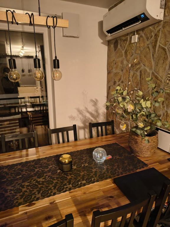 a dining room with a wooden table with chairs and a plant at Hiška Maša in Čatež ob Savi