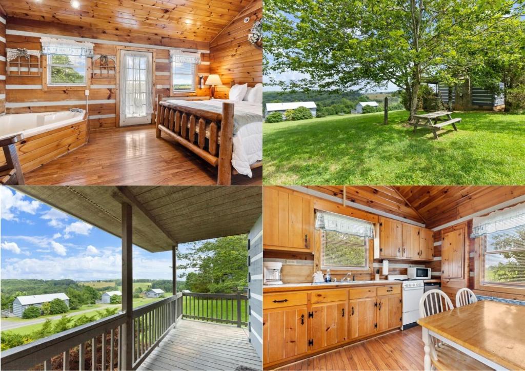 a collage of pictures of a log cabin with a kitchen and a balcony at Hillside Hideout Log Cabin For 2! Cabin 10 in Fancy Gap