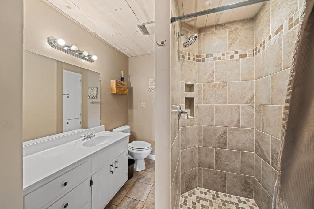 a bathroom with a shower and a sink and a toilet at Suite Elliana w/Hot Tub & Outdoor Fireplace! in Fredericksburg