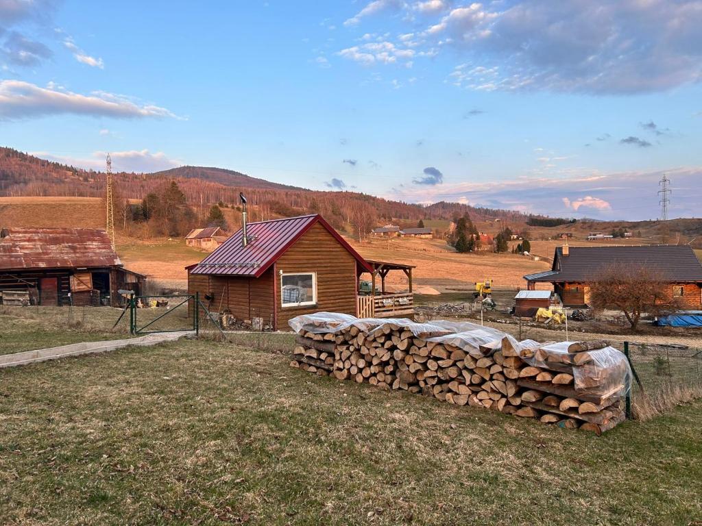 a pile of logs in front of a house at Tiny House at Sedliacky Dvor - Brezno in Brezno