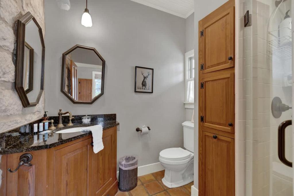 a bathroom with a toilet and a sink and a mirror at 7Cs Sunset Valley Ranch in Fredericksburg