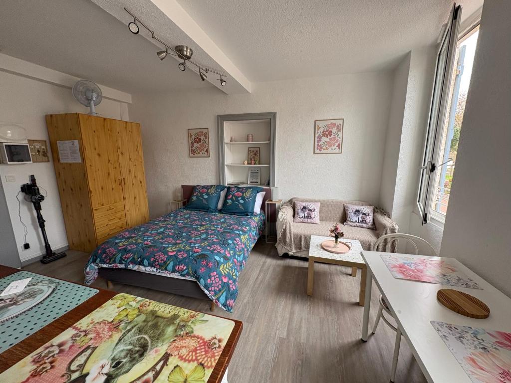 a living room with a bed and a couch at Hirondelles 3 in Eugénie-les-Bains