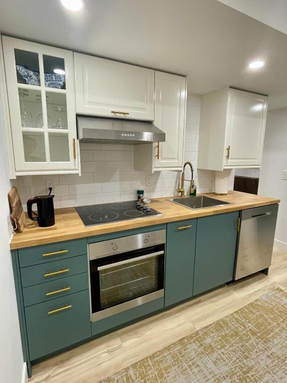 eine Küche mit blauen Schränken und einer Spüle in der Unterkunft Charming Full Basement Unit in Hamilton