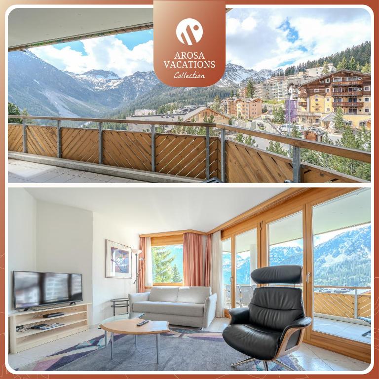 a living room with a view of the mountains at Casa Cresta C32, Zentrales Apartment mit Bergblick by Arosa Vacations in Arosa