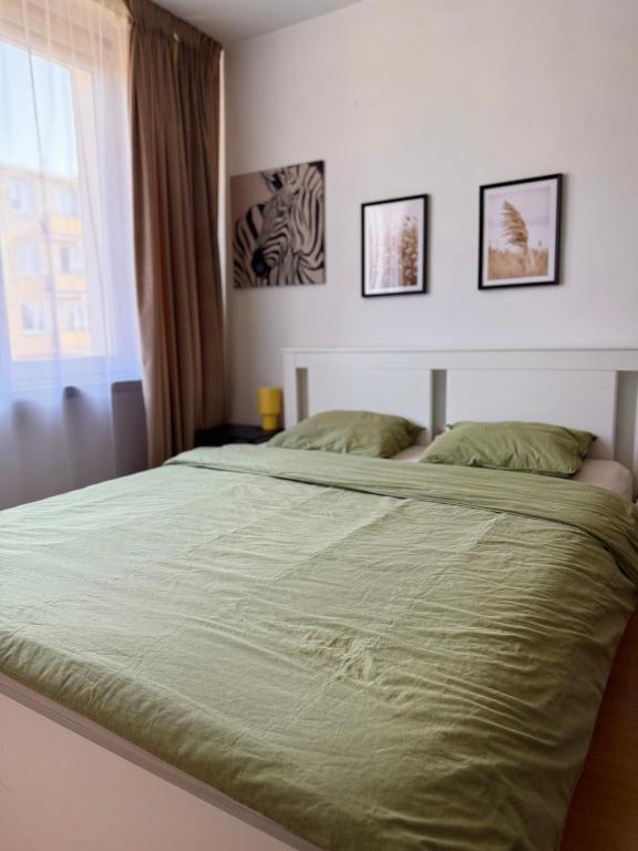 a bedroom with a large bed with green sheets at Apartament Słoneczny in Zamość