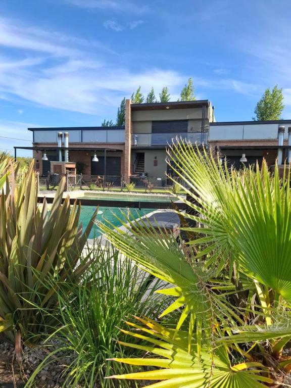 a house with a swimming pool and palm trees at Terrazas del Monte in San Miguel del Monte