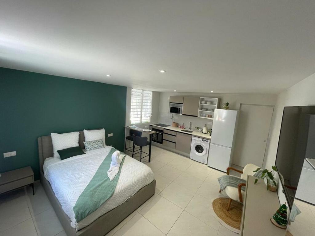 a bedroom with a large bed and a kitchen at Studio Élégance in Cayenne