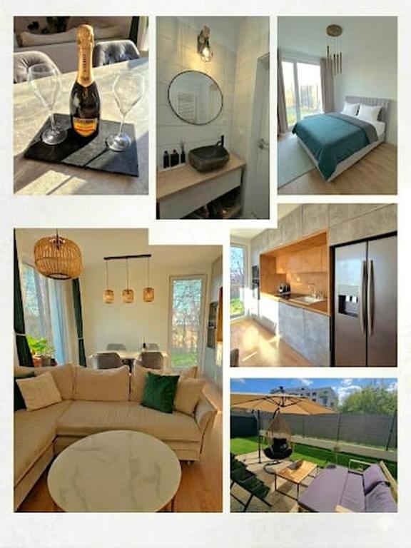 a collage of pictures of a living room and a kitchen at Garden Residence in Nitra