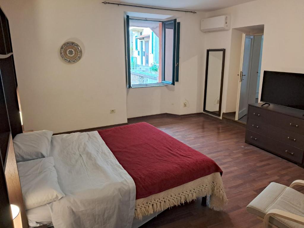 a bedroom with a large bed and a television at L'edera in Tuscania