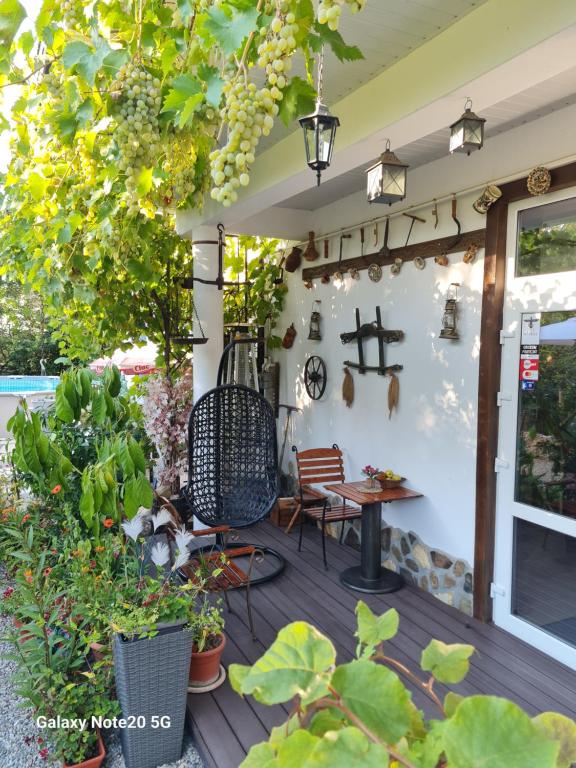 a patio with a table and some plants at CASA ARYAN in Sînpetru