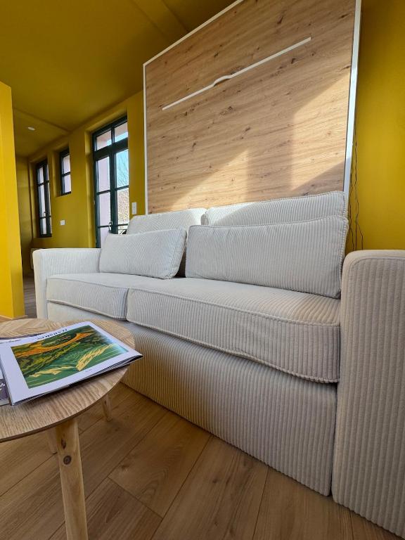 a living room with a couch and a table at Studio confortable à proximité des thermes in Salies-de-Béarn