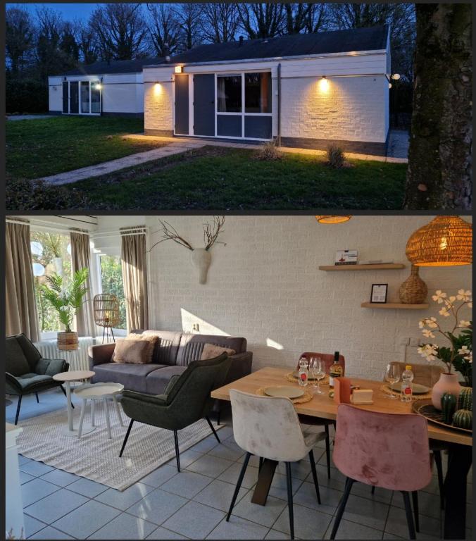 a living room and a patio with a table and chairs at Puur 38 in Simpelveld