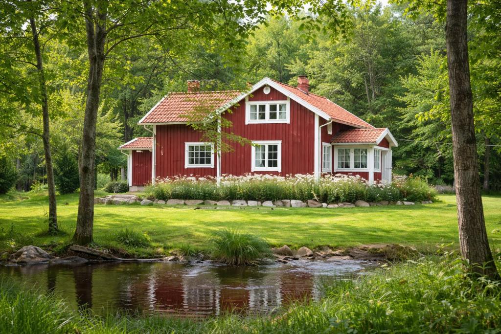 a red house in the woods next to a river at Vallevägen Country Retreat - Private Pond, Fireplace & Nature in Öglunda
