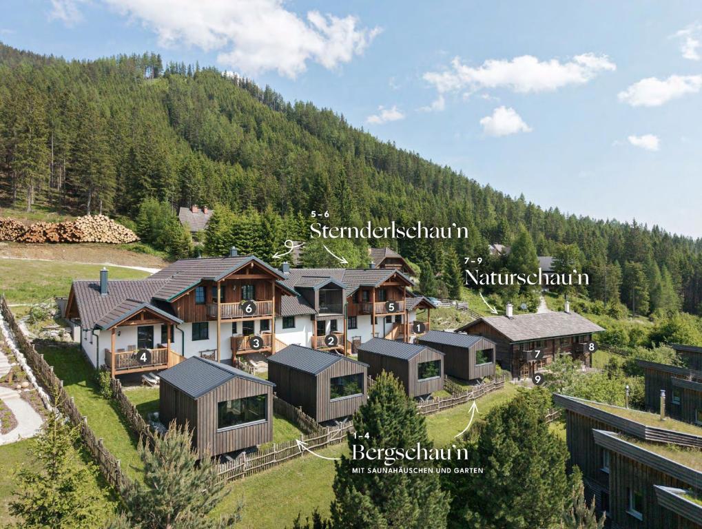 an aerial view of a house in a mountain at Sloho Bergurlaub - Adults Only in Hohentauern